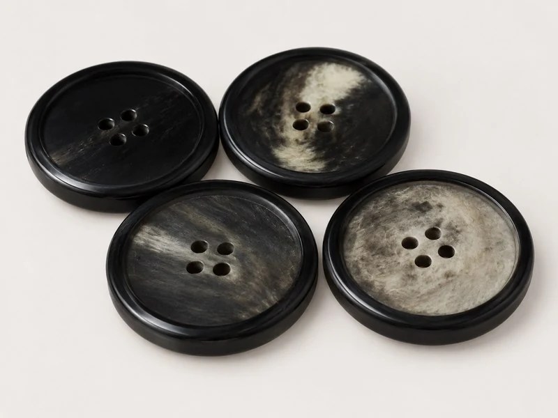 KPLT-11803A black horn buttons with laser-worked grey faces and four sewing holes.