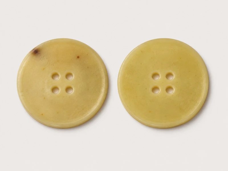 KN2309006 cattle horn buttons with two flat faces and four sewing holes.