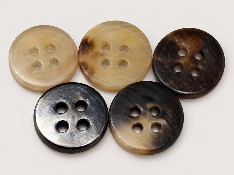 KN2303006 flat four-hole horn buttons in mixed natural horn shades.