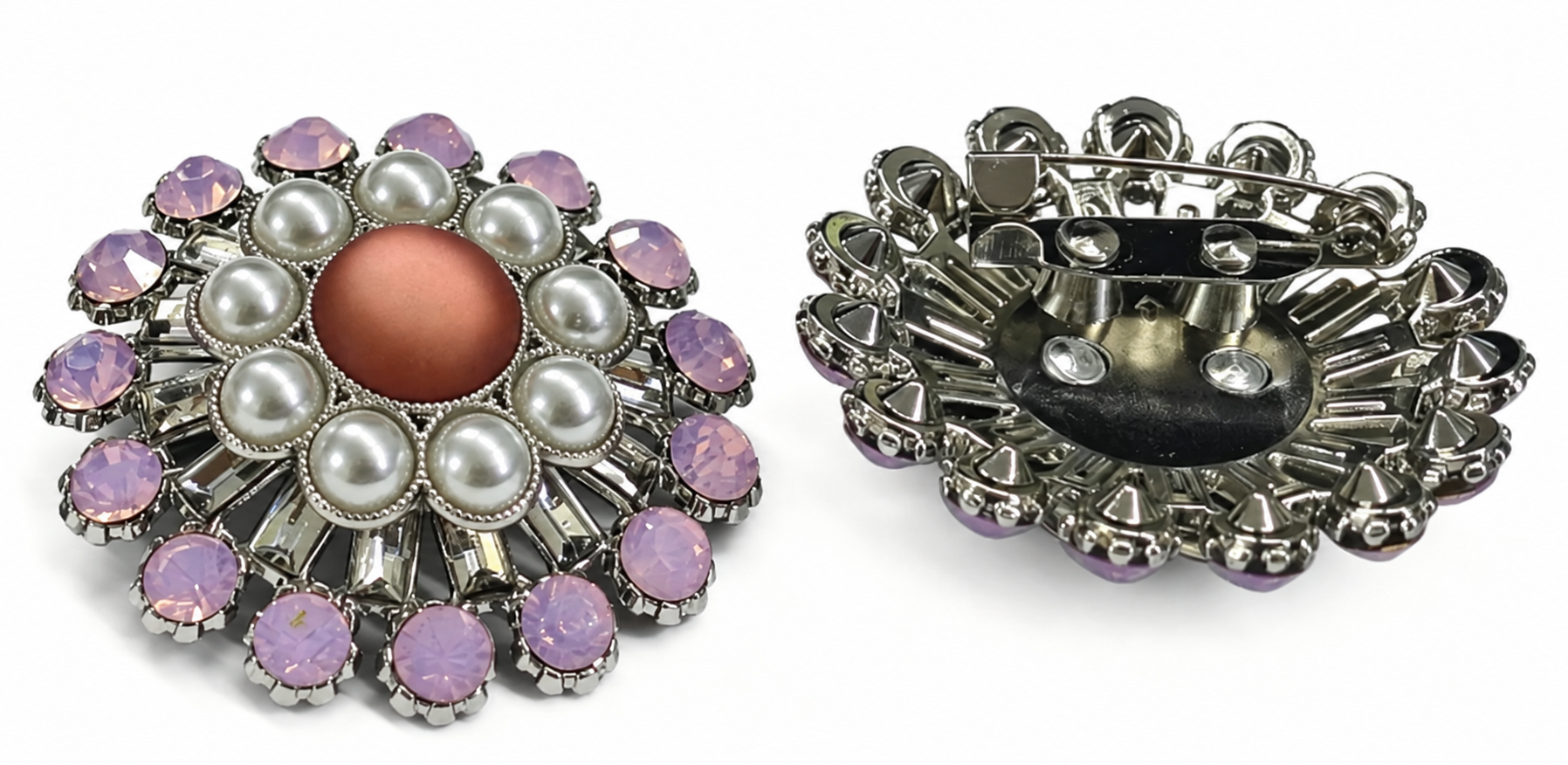 Floral brooch development sample shown from the front and reverse, with imitation pearls, pink rhinestones and a resin center