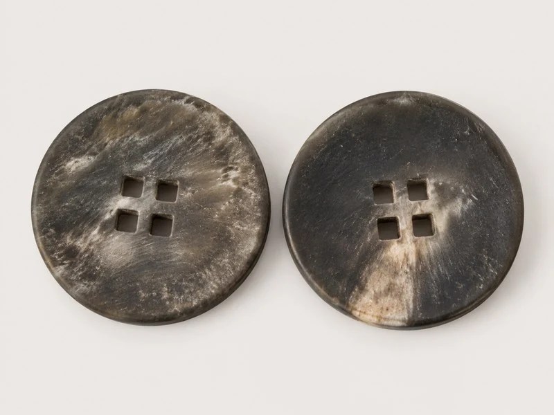 KN2406005 grey horn buttons with concave faces and four square sewing holes.