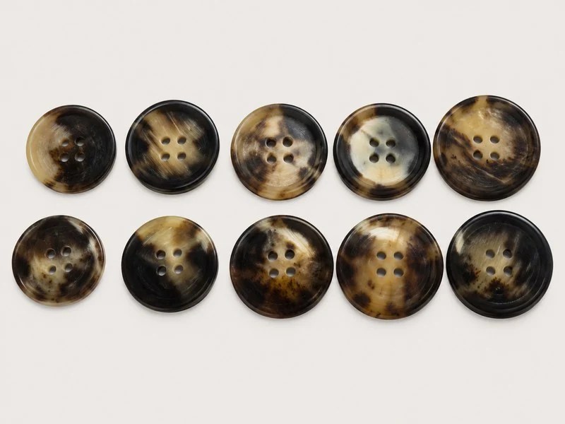 KN2406007 patterned cattle horn buttons with rounded rims and four sewing holes.