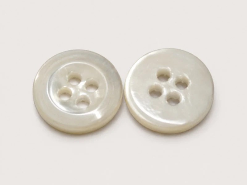Polished four-hole shell button shown from the front and back.