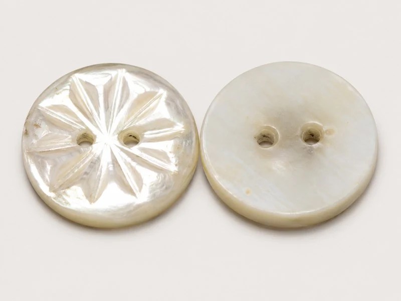 Two-hole shell button with a radial carved face and a plain reverse.