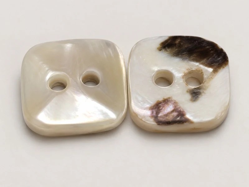 Square two-hole shell button with softly rounded corners, shown from the front and back.