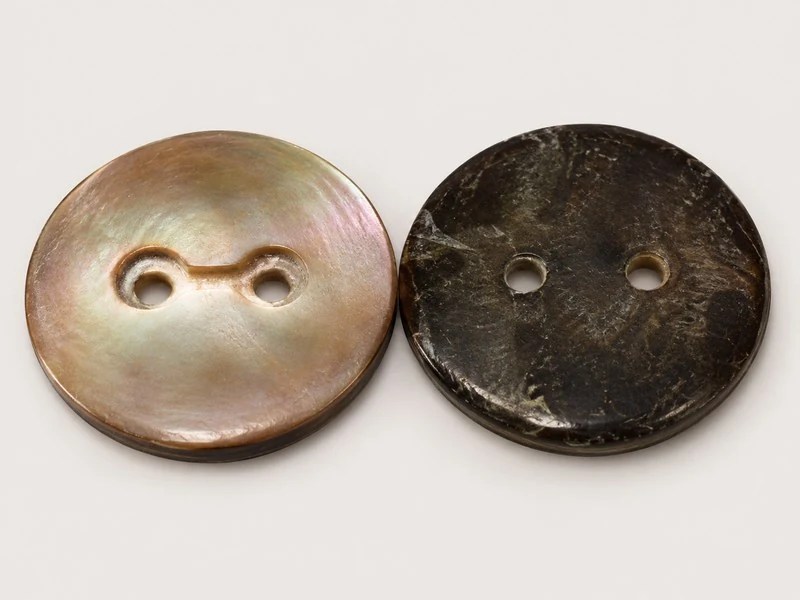 Two-hole shell button with a softly recessed center, shown from the front and back.